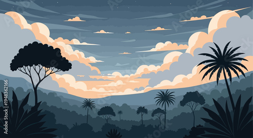 Silhouette jungle scene with sunset sky and clouds