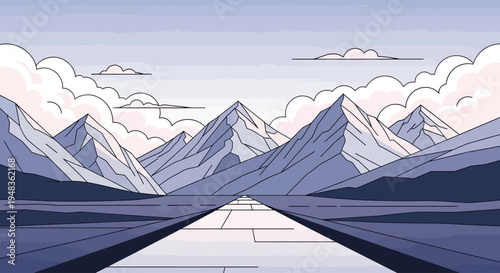 Stylized mountain range landscape with road leading into distance