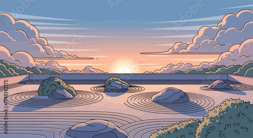 Tranquil zen garden at sunset with raked sand and prominent rocks