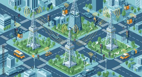 An isometric smart city with cellular towers, vehicles, and drones.