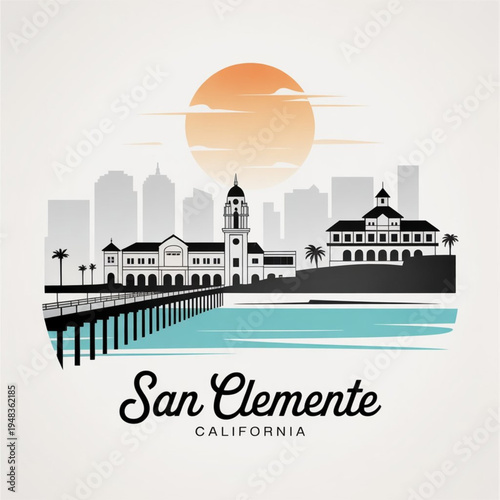 Wallpaper Mural San Clemente California Skyline Silhouette — Casa Romantica and Coastal City Hall Tower Vector Illustration Torontodigital.ca