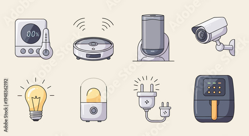 Set of modern electronic gadgets thermometer, robot vacuum, speaker, camera, lightbulb, lamp, plugs, air fryer
