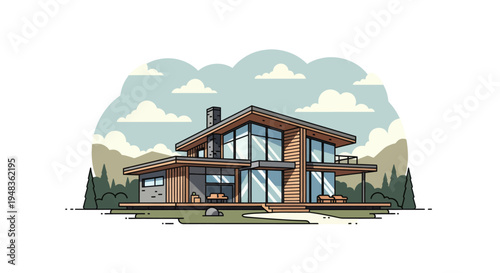 Modern wooden and glass house with balcony and chimney in a forest landscape