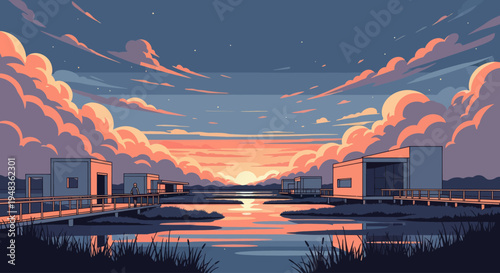 Tranquil waters reflect a sunset sky with stylized buildings on stilts