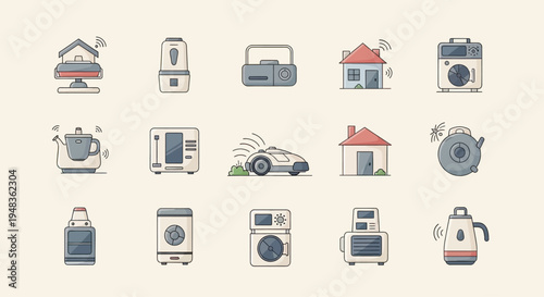 Collection of smart home devices and appliances with simple line art style