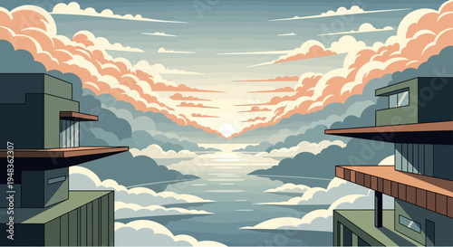 Surreal sky with peach clouds over water, flanked by modern buildings