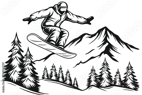 Action silhouette of a snowboarder performing a thrilling jump against a sunset
