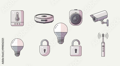 Set of icons representing smart home devices thermometer, robot vacuum, cameras, light bulbs, locks, toothbrush