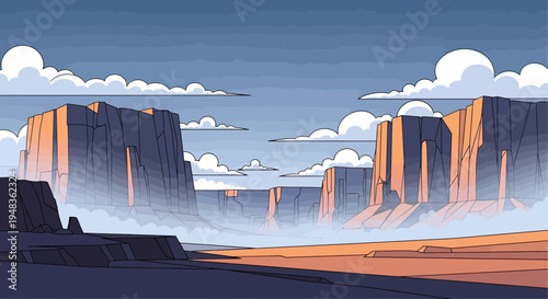 Towering rock formations at sunrise, shrouded in mist