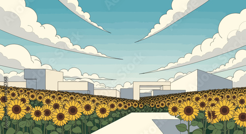 Vast field of sunflowers beneath a sky filled with stylized clouds and modern buildings