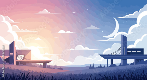 Futuristic dual landscape with sun and moon, split by contrasting skies