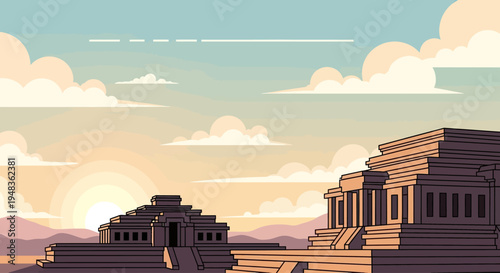 Sunrise illuminates ancient structures against a hazy sky with soft clouds
