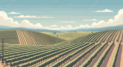 Rolling hills dotted with vineyards under a vast, hazy sky