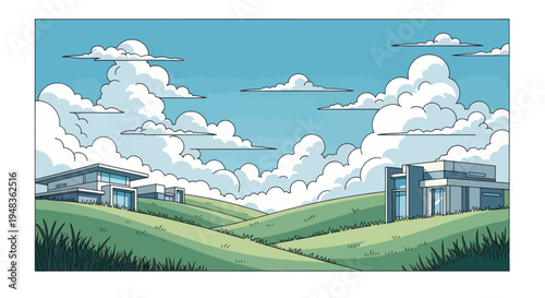 Modern homes nestled in rolling green hills beneath a vast sky with fluffy clouds