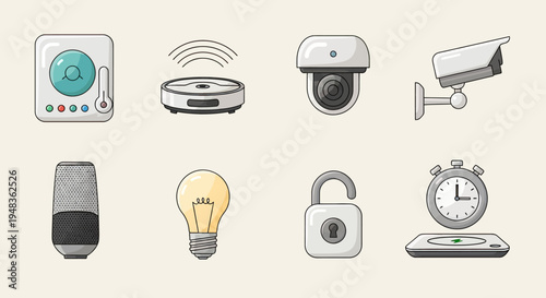 Smart home devices thermostat, vacuum, camera, speaker, bulb, lock, timer, charger