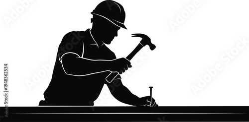 Construction worker silhouette hammering nail into beam