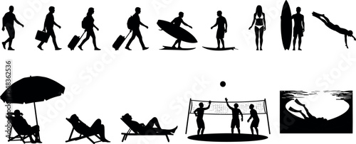 Summer vacation travel silhouettes set including beach people surfing volleyball diving and travelers with suitcases for holiday and seasonal tourism design