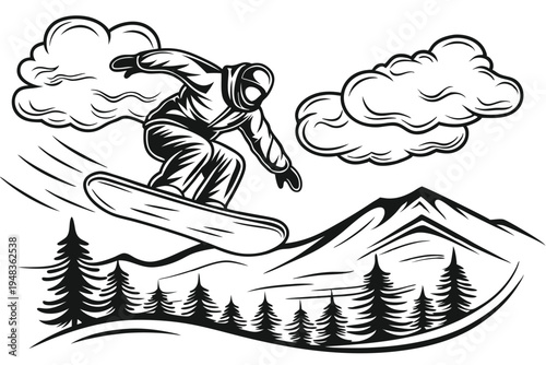 Graphic silhouette of a snowboarder launching off a jump, dynamic winter sport