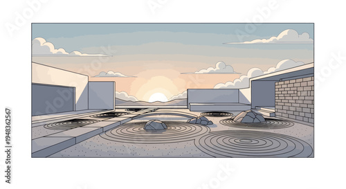 Serene sunrise over a minimalist courtyard with raked gravel gardens