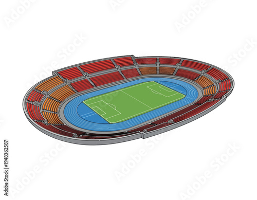 Top-down view of a realistic 3D stadium for athletic events and sports competitions, featuring a running track and a football field, designed for spectator entertainment and fan engagement