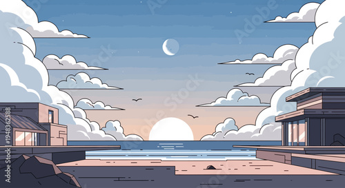 A serene coastal landscape with modern architecture, ocean, and a dusky sky