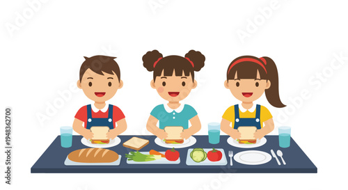 Three smiling children are happily making or eating healthy sandwiches at a table set with fresh ingredients, bread, and drinks.