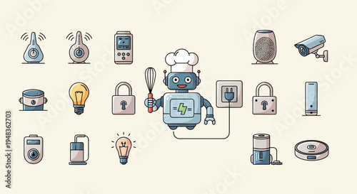 Animated robot chef with kitchen gadgets and smart home devices