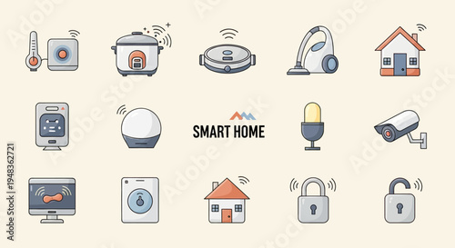 Smart home technology icons devices for comfort, security, and convenience