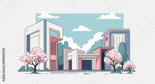 Modern buildings with pink cherry blossoms and fluffy clouds overhead