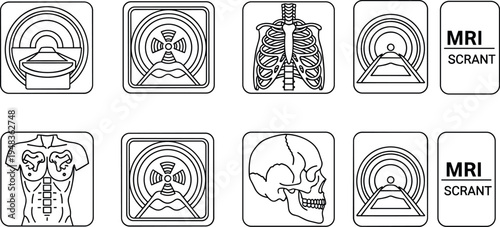 MRI scan medical icons set with brain skull rib cage and spinal column for radiology diagnostic imaging hospital and healthcare  