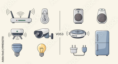 A collection of smart home devices and everyday appliances depicted in an illustrative style