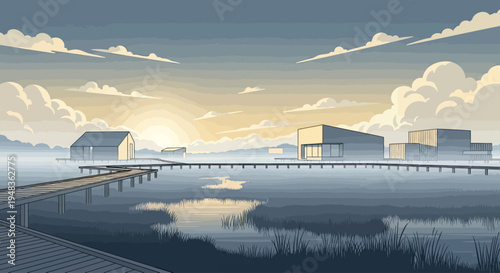 Sunrise over a tranquil lake with modern buildings on piers connected by walkways