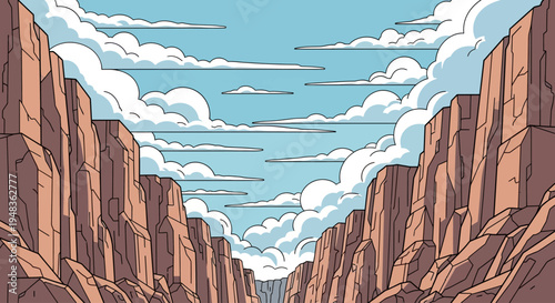 Two steep, rocky canyon walls frame a bright blue sky filled with fluffy clouds