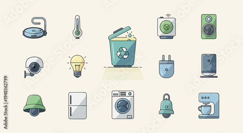 Collection of flat vector icons depicting various household appliances and gadgets
