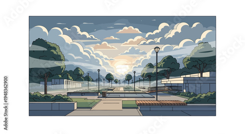 Serene park with sunbeams breaking through clouds over trees