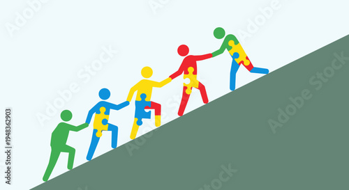 Five colorful puzzle-piece figures are shown climbing a steep incline, assisting each other in a collaborative effort.