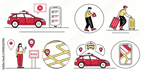 a set of icons depicting car rental and travel Vector