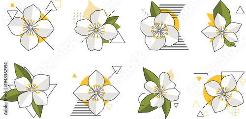 Geometric Flower Illustrations with White Petals, Yellow Accents, and Bold Lines in Abstract Design