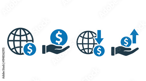 Global Money Transfer Icons Set For Financial Concepts And International Business