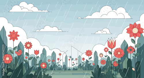 A vibrant garden flourishes under a soft, rainy sky with fluffy clouds