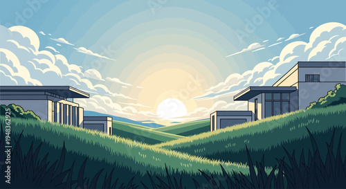 Modern homes nestled in rolling hills under a bright, cloudy sky