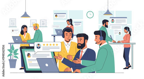 Several customer service agents wearing headsets are actively working at their laptops in a bustling open-plan office environment.