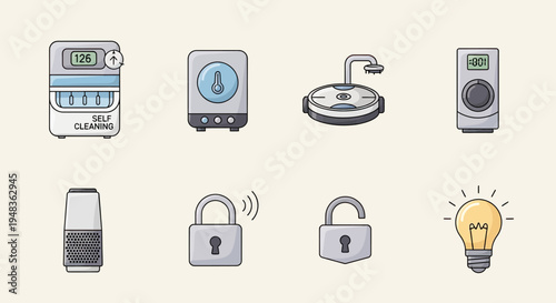 Set of stylized icons depicting smart home devices and concepts