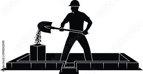 Construction worker silhouette holding shovel on building site