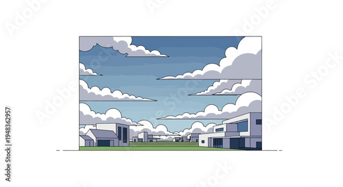 Modern geometric houses under a cloudy blue sky