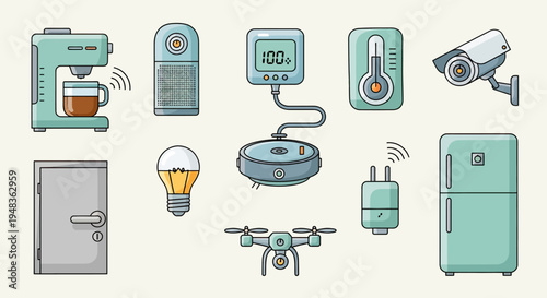 Collection of smart home devices, including coffee maker, camera, and drone