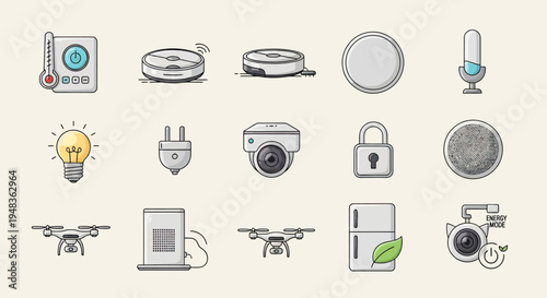 Collection of icons representing smart home devices and functions