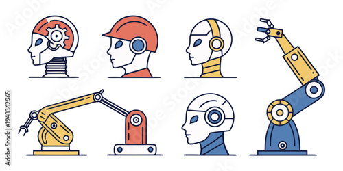 a set of robotic heads and arms in different colors Vector