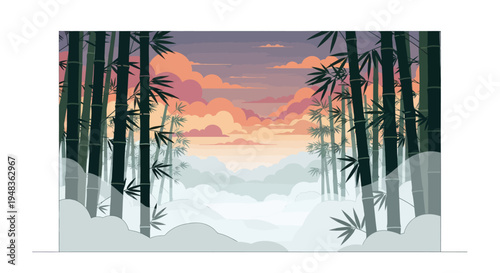 Serene bamboo forest with a vibrant sunset sky over misty valleys