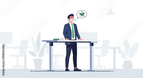 A businessman in a suit stands behind a desk, wearing a face mask and thinking about clean air with a leaf icon.